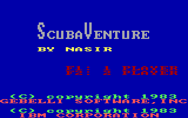 ScubaVenture IBM PC/Compatibles Screenshot: Title screen; the game title flashes different colors.