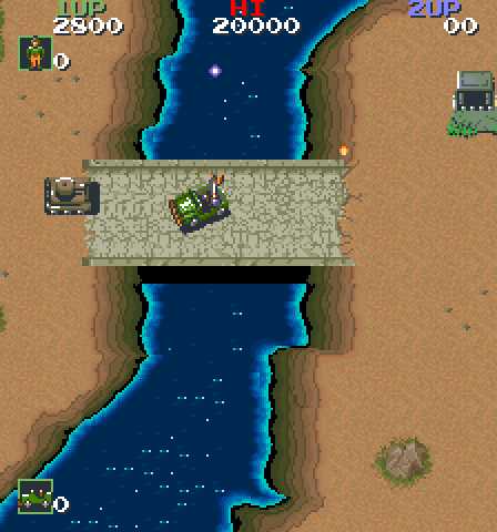 Jackal Arcade Screenshot: Crossing a guarded bridge...