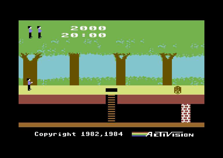 Pitfall! Commodore 64 Screenshot: Starting screen; game title and credits scroll along the bottom (shown in all versions).