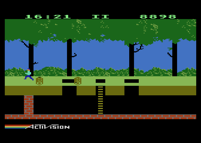Pitfall! Atari 5200 Screenshot: Running away from some rolling logs...