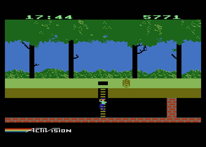 Pitfall! Atari 5200 Screenshot: Use ladders to climb up and out of the tunnels.