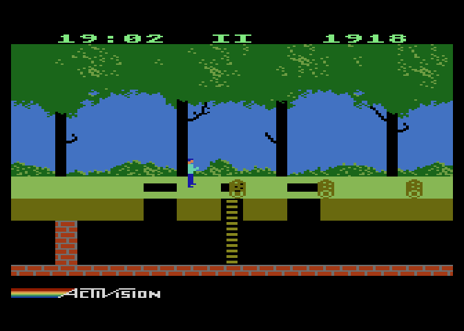 Pitfall! Atari 5200 Screenshot: Jump over the logs, but don't fall in the hole!