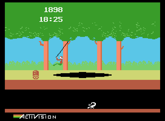 Pitfall! ColecoVision Screenshot: Swinging across another pit.