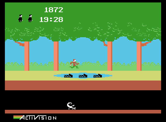 Pitfall! ColecoVision Screenshot: Jump on the crocodiles to cross this swamp.