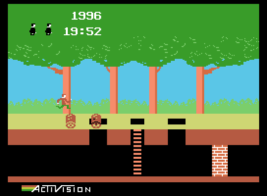 Pitfall! ColecoVision Screenshot: Jumping over some logs.