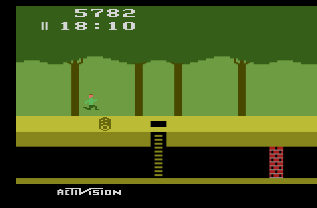 Pitfall! Atari 2600 Screenshot: Leaping over a rolling log.