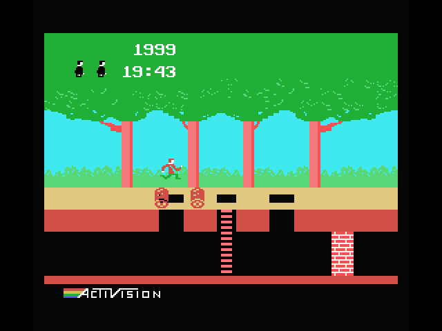 Pitfall! MSX Screenshot: Leaping over the rolling logs...