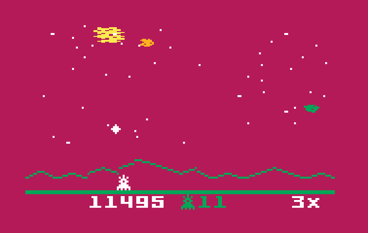 Astrosmash Intellivision Screenshot: That white diamond is a homing missile...shoot it quickly!