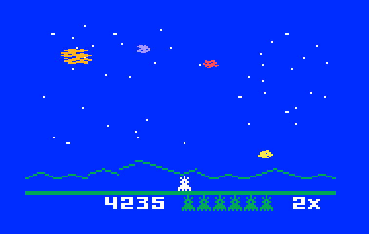 Astrosmash Intellivision Screenshot: Only a few lives left, better earn some points fast...