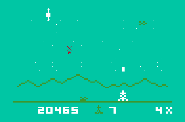 Astrosmash Mattel Aquarius Screenshot: Level 4; the game gets faster yet again!
