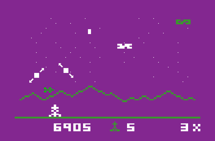 Astrosmash Mattel Aquarius Screenshot: Level 3; multiple spinners sometimes appear at once!