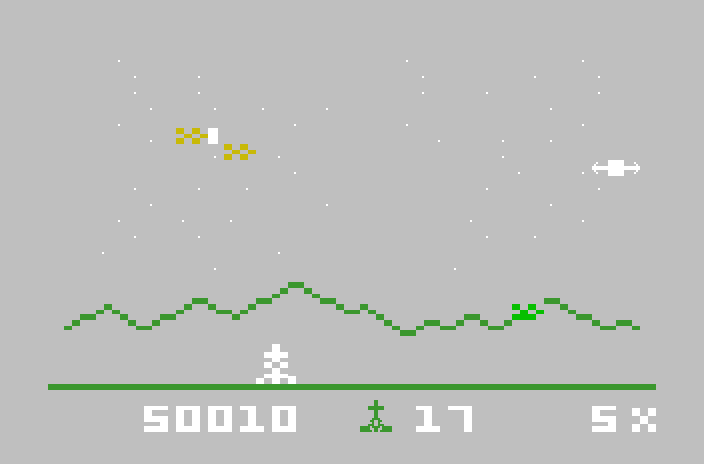 Astrosmash Mattel Aquarius Screenshot: The fifth level features a grey background.