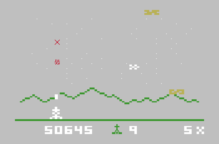 Astrosmash Mattel Aquarius Screenshot: Blasting away; opponents move faster and in more varied directions now.