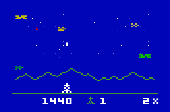 Astrosmash Mattel Aquarius Screenshot: On to the second level; the screen turns blue!