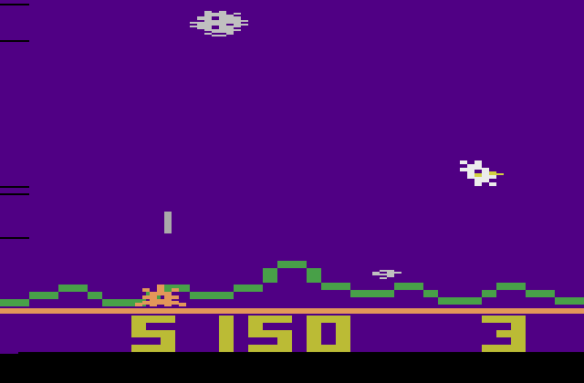 Astrosmash Atari 2600 Screenshot: Spinners move faster and are more frequent on the third level...