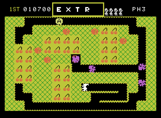 Mr. Do! ColecoVision Screenshot: Collect all of the cherries, but avoid everything that's chasing you!