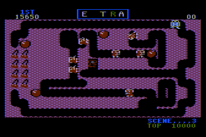 Mr. Do! Atari 8-bit Screenshot: Only a few cherries left...level almost completed.
