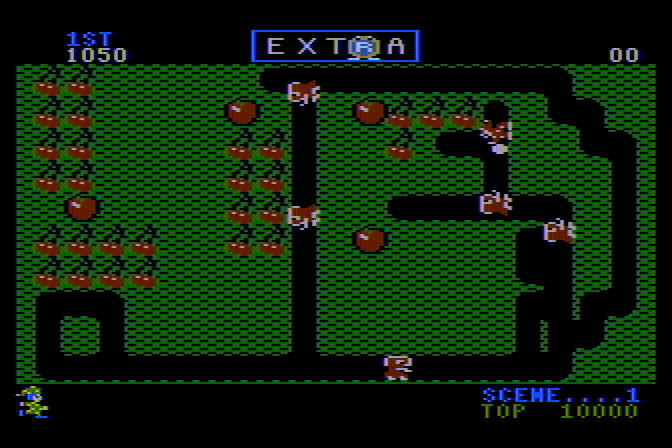 Mr. Do! Atari 8-bit Screenshot: Collecting cherries...;