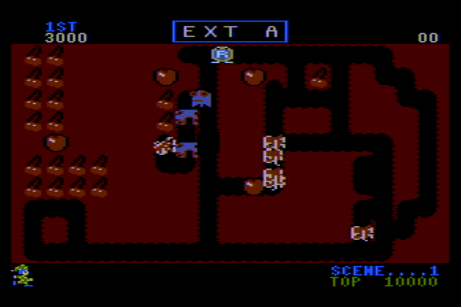 Mr. Do! Atari 8-bit Screenshot: Uh oh, I'm almost caught! Better hurry...