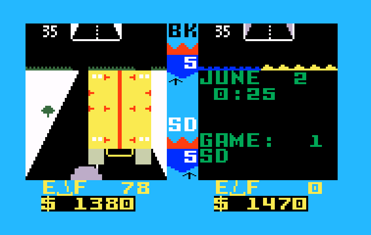 Truckin' Intellivision Screenshot: Player on the left needs to avoid an oncoming truck!