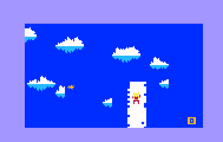 Ice Trek Intellivision Screenshot: As you build the path icebergs can break it; use fire to melt them before that happens!
