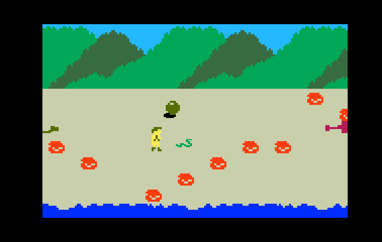 Tropical Trouble Intellivision Screenshot: Avoid obstacles running on the beach...
