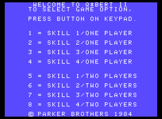 Q*bert's Qubes ColecoVision Screenshot: Title screen and game options.