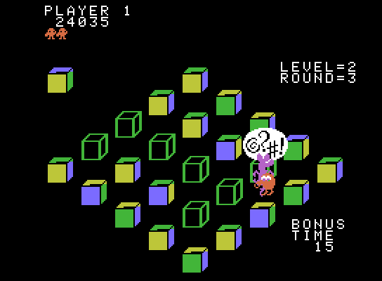 Q*bert's Qubes ColecoVision Screenshot: Ouch, the rat caught me!