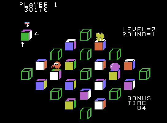 Q*bert's Qubes ColecoVision Screenshot: Level 3 has more colors on each cube.