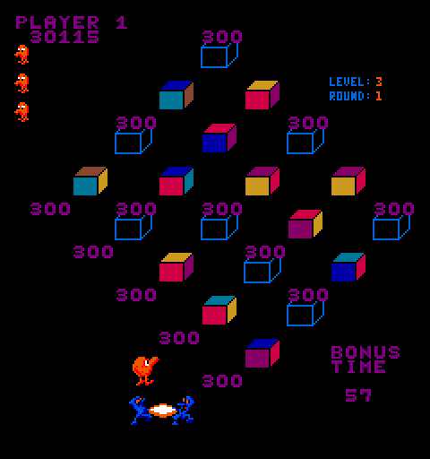 Q*bert's Qubes Arcade Screenshot: Round complete, bonus points!