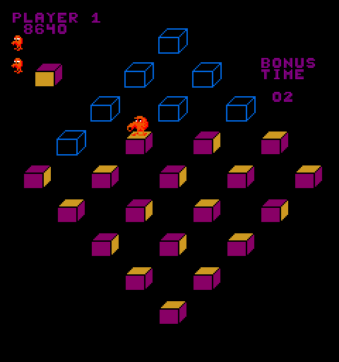 Q*bert's Qubes Arcade Screenshot: Attempting to align cubes in the bonus round...