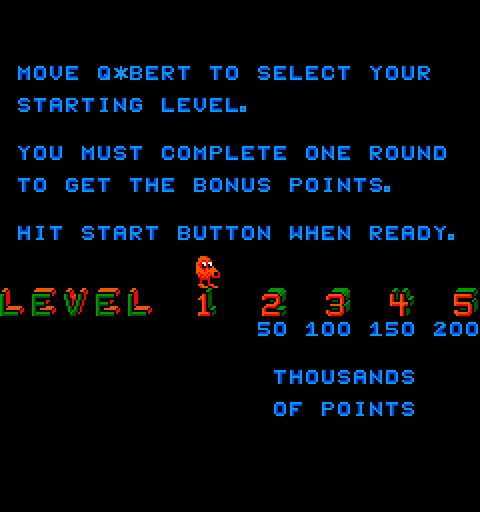 Q*bert's Qubes Arcade Screenshot: Game start; select a difficulty level!