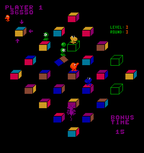 Q*bert's Qubes Arcade Screenshot: Those little green guys rotate the cubes, potentially messing up any you had matched.
