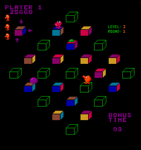Q*bert's Qubes Arcade Screenshot: As the levels progress, the cubes have more colors to align.