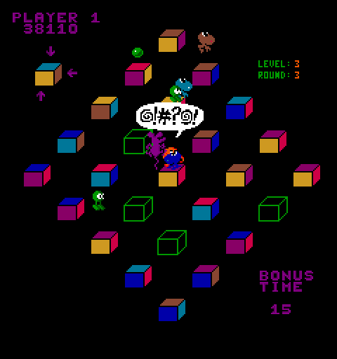 Q*bert's Qubes Arcade Screenshot: The rat and other creatures got me!