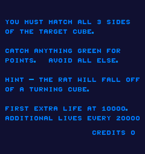 Q*bert's Qubes Arcade Screenshot: Game instructions.