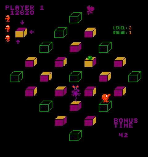 Q*bert's Qubes Arcade Screenshot: Don't get caught by the rat!