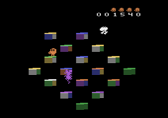 Q*bert's Qubes Atari 2600 Screenshot: Here comes the rat...be careful!