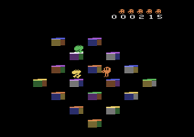 Q*bert's Qubes Atari 2600 Screenshot: Jumping around cubes to change their color...