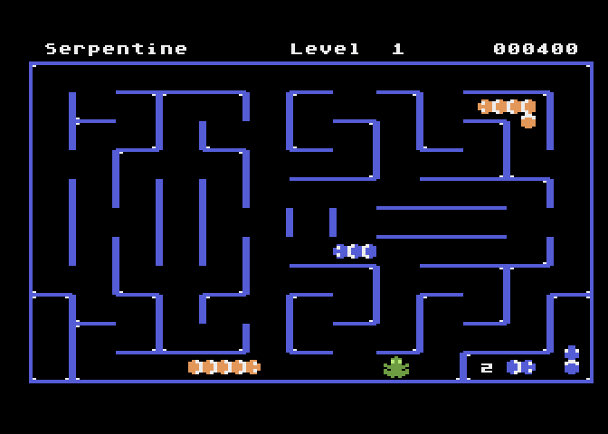 Serpentine Atari 8-bit Screenshot: Catch the frog to increase your snake length...