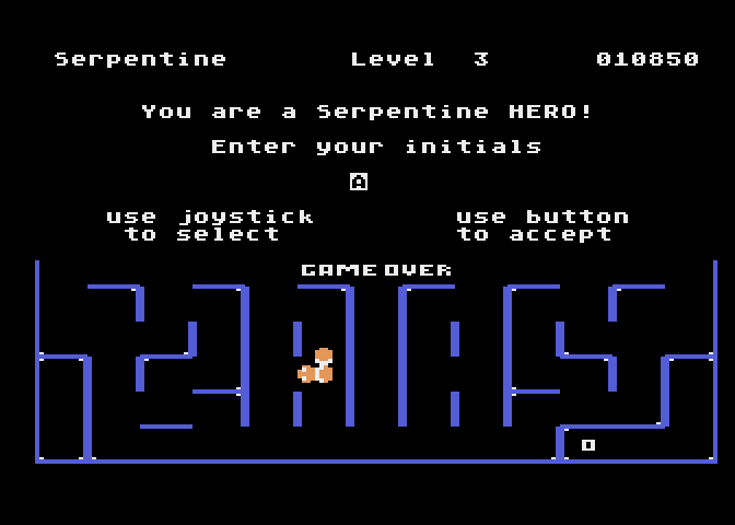 Serpentine Atari 8-bit Screenshot: Game over.