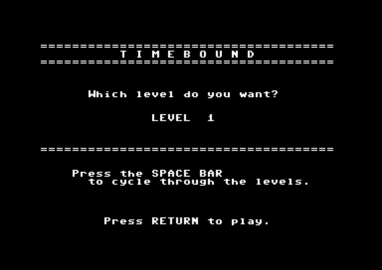 Timebound Commodore 64 Screenshot: What level do you want to start on?