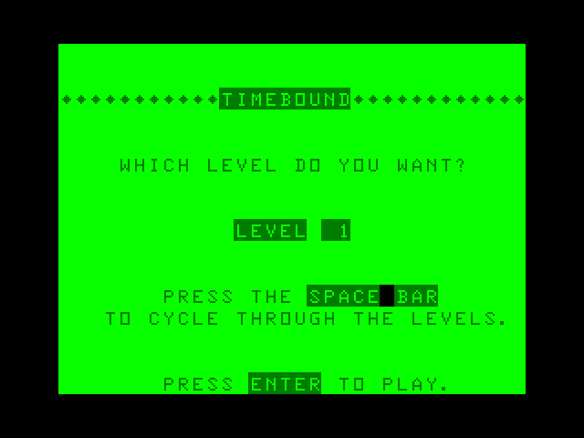 Timebound TRS-80 Color Computer Screenshot: Select a skill level.
