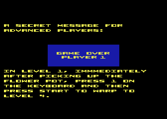 Bounty Bob Strikes Back! Atari 5200 Screenshot: Game over. Sometimes you get a hint...