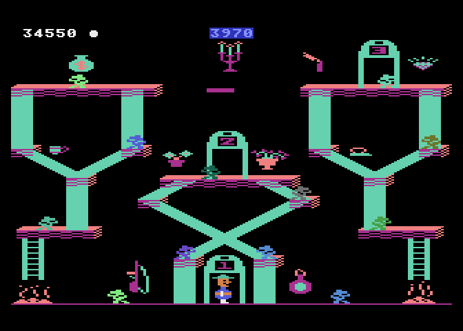 Bounty Bob Strikes Back! Atari 5200 Screenshot: Slides cause trouble for you on this level.