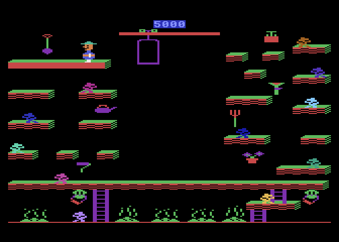 Bounty Bob Strikes Back! Atari 5200 Screenshot: Use the elevator to navigate around this level.