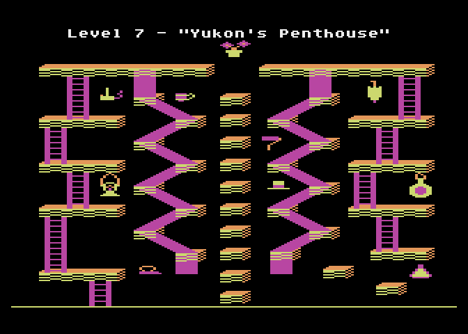 Bounty Bob Strikes Back! Atari 5200 Screenshot: Level 7 is called "Yukon's Penthouse".