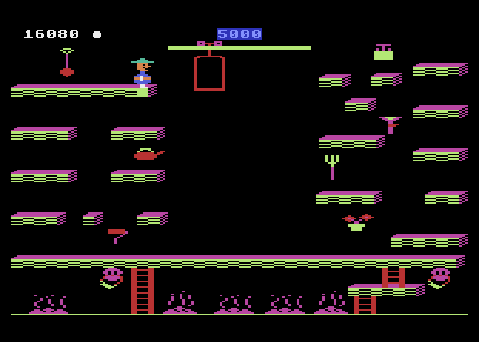 Bounty Bob Strikes Back! Atari 8-bit Screenshot: On the second level the elevator can help you navigate to different platforms.