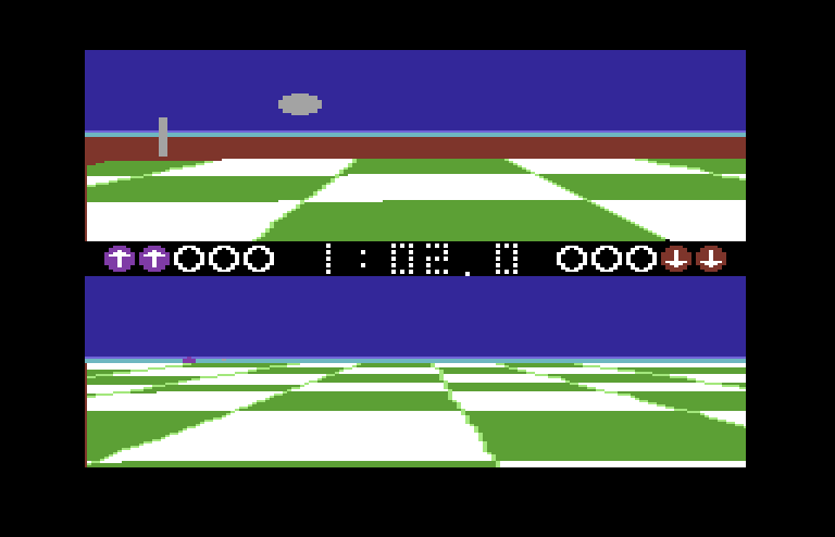Ballblazer Commodore 64 Screenshot: Tie score, but the player on the top half of the screen is about to score...