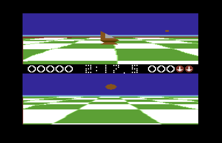 Ballblazer Commodore 64 Screenshot: I have the ball, but my opponent closes in!